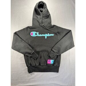 Champion Reverse Weave Men's Small Hoodie Black Athletic Patch Logo Pullover